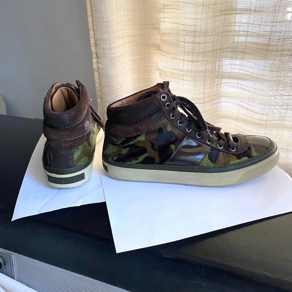 Jimmy Choo hi top sneakers rubber shoes printed green mix leather